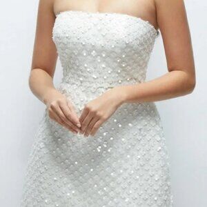 NWT Dessy Collection White Dress Pearl & Sequin Floret Strapless Mini Diamond 6
